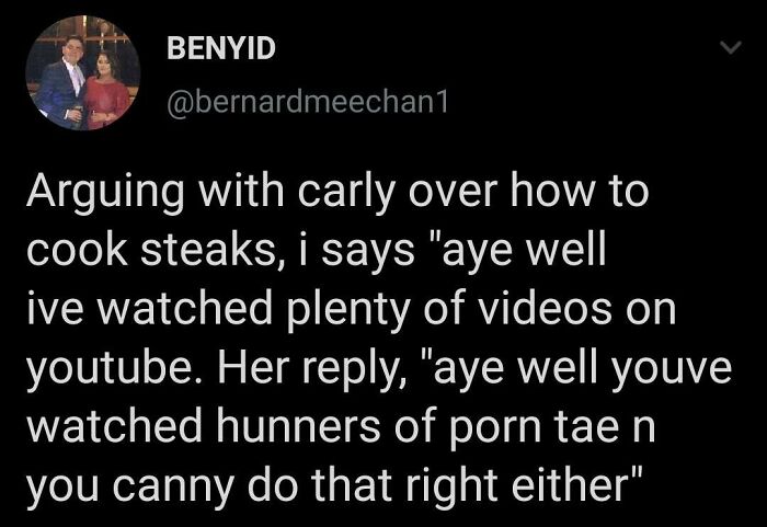 Tweet showcasing Scottish humor about cooking steaks and videos.
