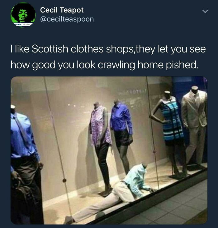 Mannequin in store display dressed to resemble someone crawling, showcasing Scottish humor.