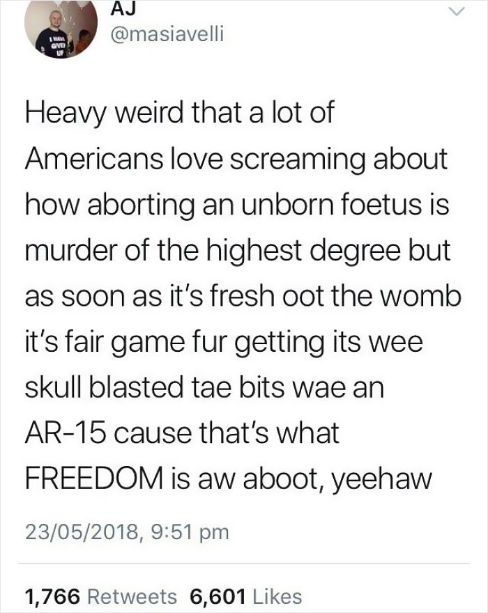 Tweet by AJ using Scottish humor to comment on American views about freedom and gun rights.