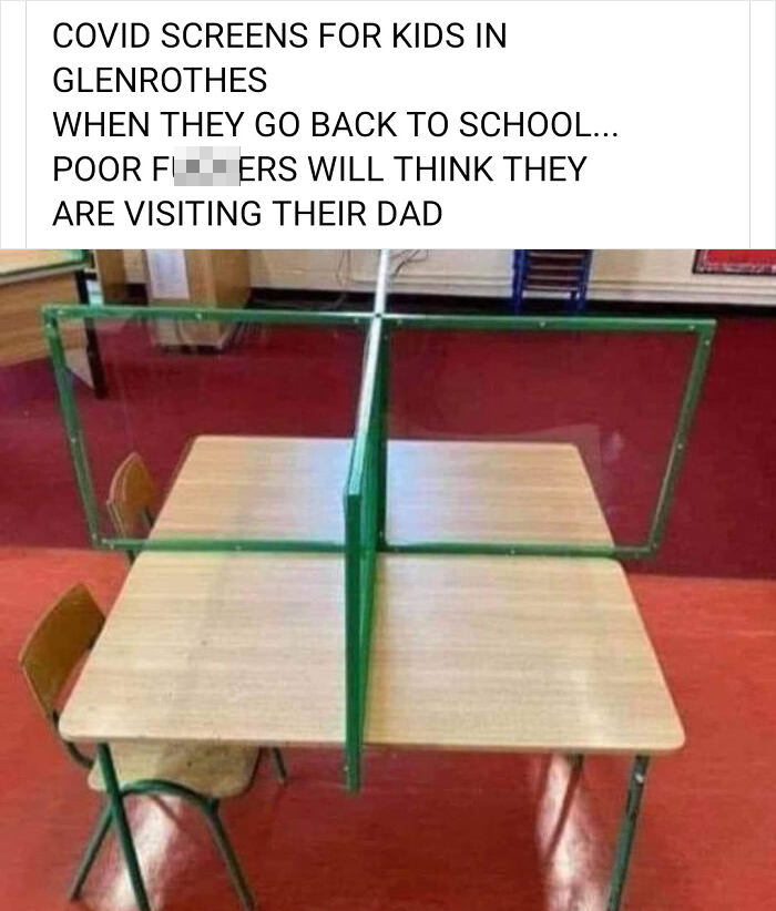 Scottish humor tweet about school COVID screens resembling a prison visit setup with desks and chairs.