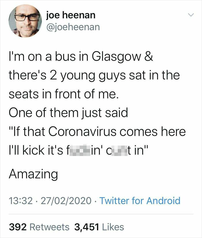 Tweet by Scottish user about a humorous encounter on a bus related to the coronavirus.