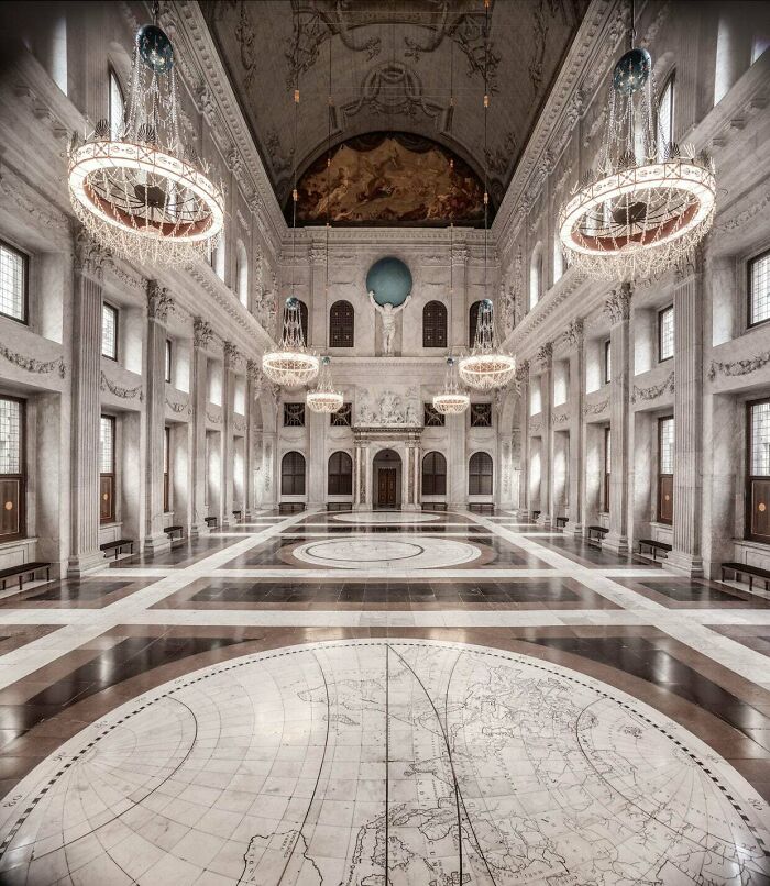 The 17th Century Map Of The World In The Main Hall Of The Former City Hall Of Amsterdam. It Shows The Eastern And Western Hemphshire And A Celestial Map