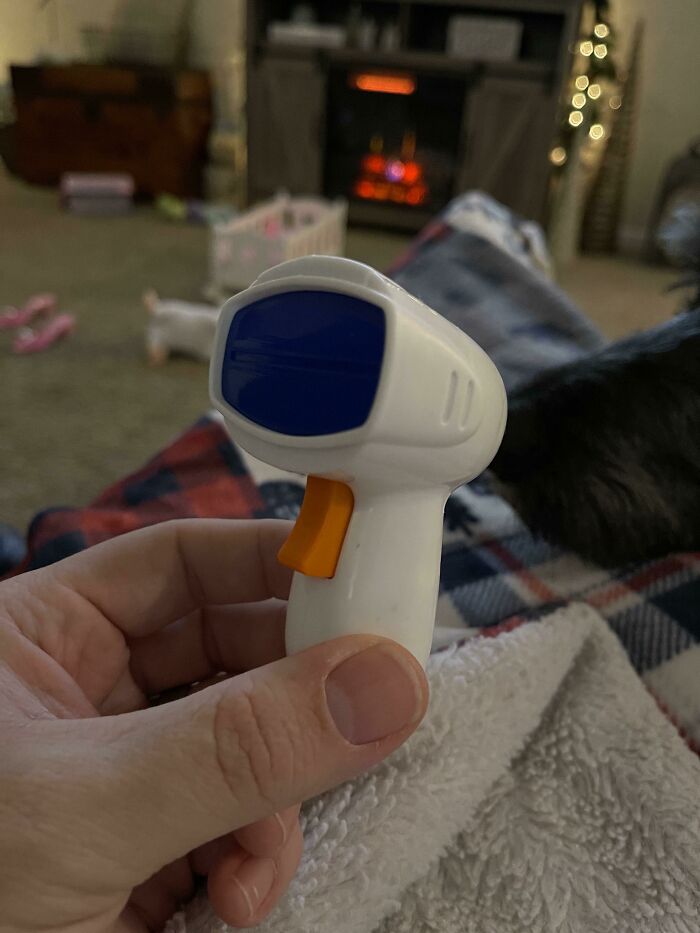 Kid Was Given A Cash Register Set From Grandma On Christmas And Has Been Using The Scanner To Take Our Temp All Day