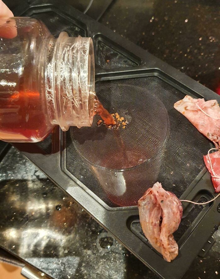 Making Tea. Bag Ripped. Used My PC Tower's Front Fan Filter To Separate The Bits