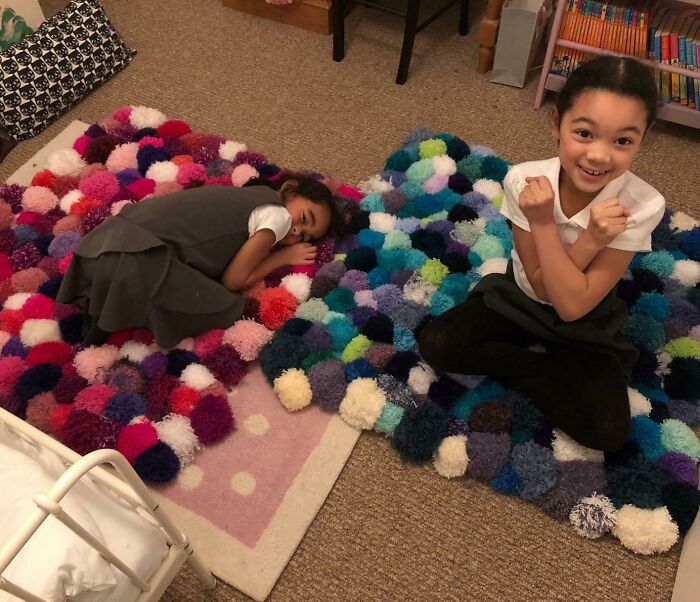 My Mum Made My Girls A Pom-Pom Rug Each. Took 80 Hours, 320 Pom-Poms And They Chose Their Favourite Colours