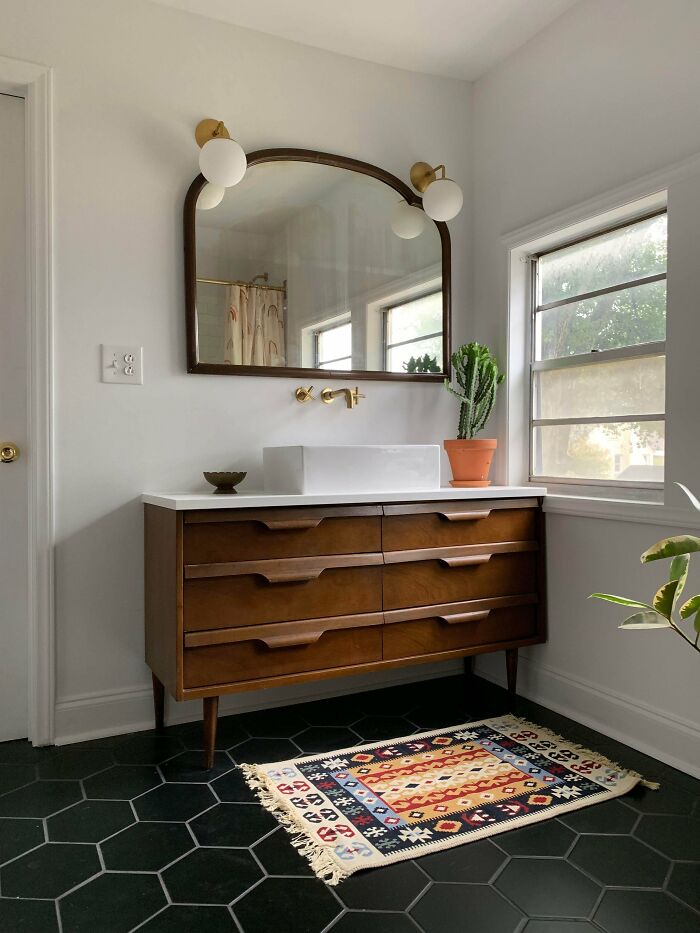 Thrifted Dresser Turned Into A Vanity Sink And Thrifted Mirror