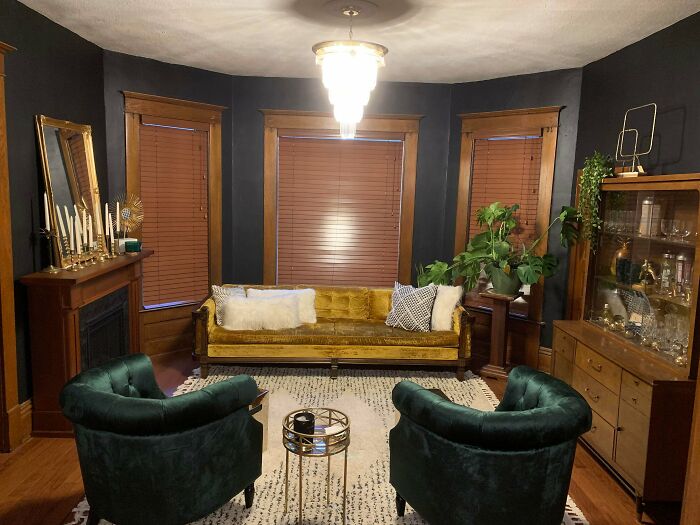 My Wife And I Finally Found The Last Piece To Complete Our Sitting Room. A Vintage Chandelier That Replaced The Terrible Ceiling Fan