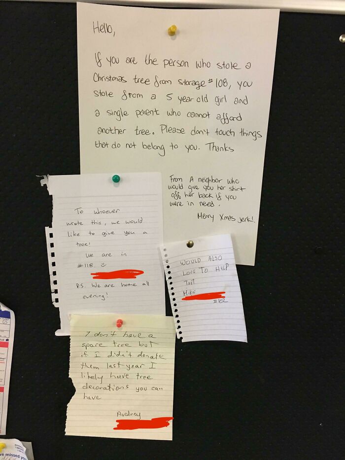 Pretty Sad That You Would Want To Steal A Boxed Up Christmas Tree, But I Thought The Response From Other People In My Building Was Pretty Great