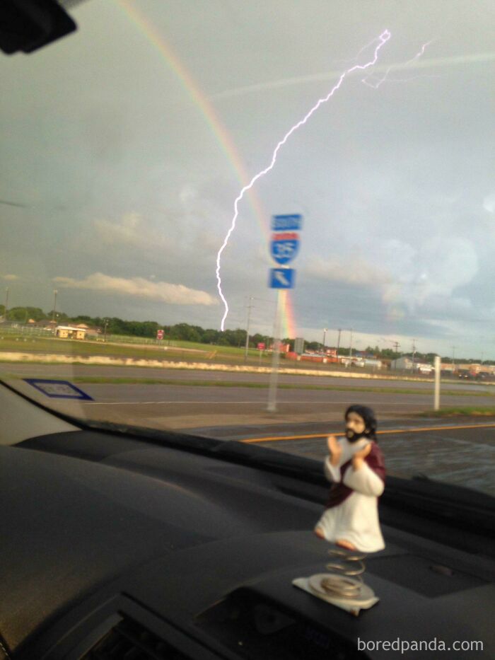 Went To Take A Picture Of The Rainbow And Lightning Struck At The Same Time!