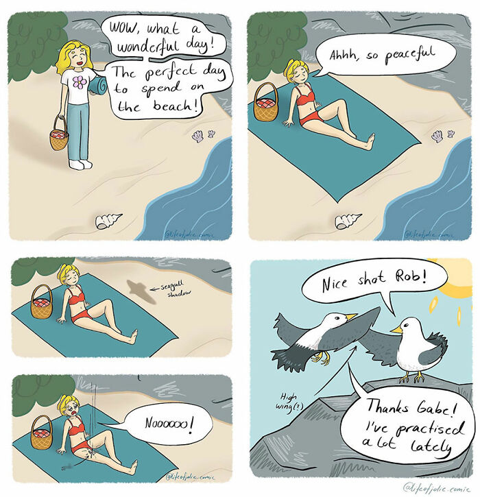 Comic illustration of everyday life showing a woman at the beach interrupted by a seagull's shadow.