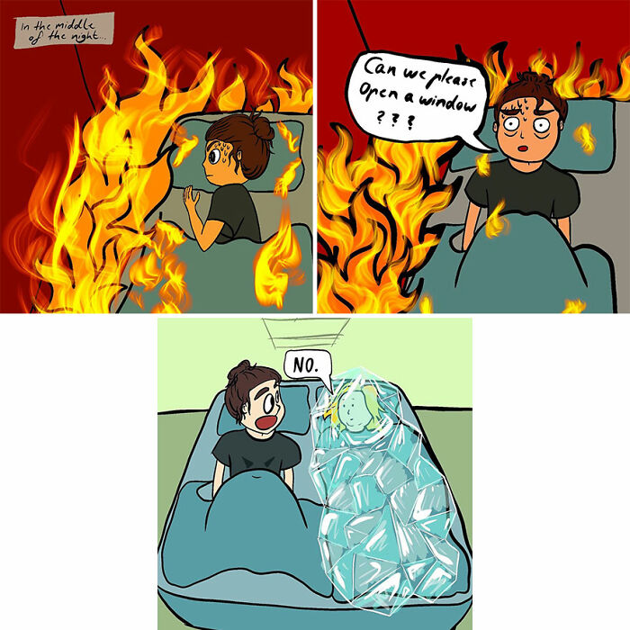 Comic illustrations depict a relatable everyday life scene with humor about bedtime struggles and temperature battles.