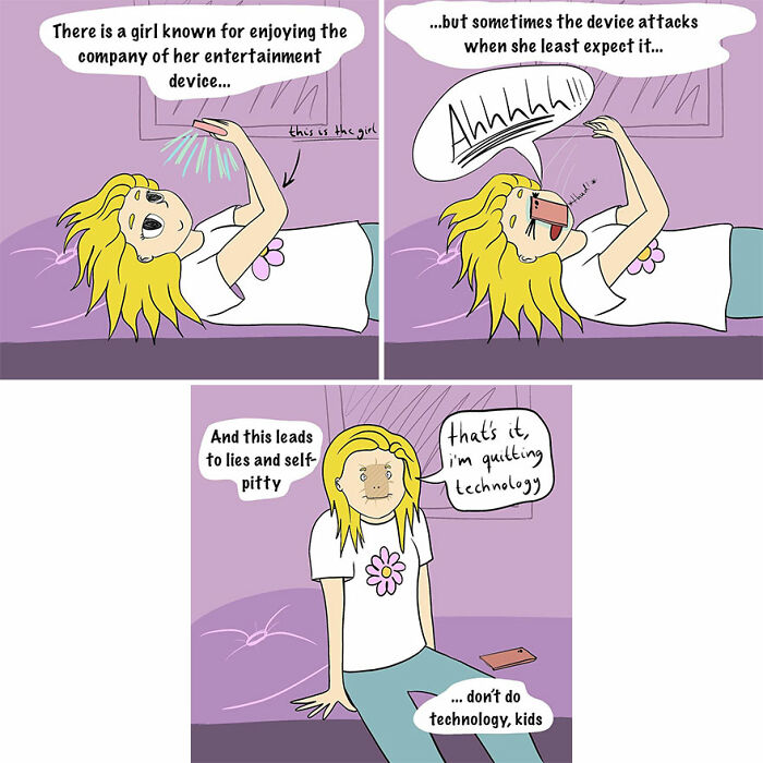 Funny and relatable comics illustrating everyday life with a girl struggling humorously with her entertainment device.