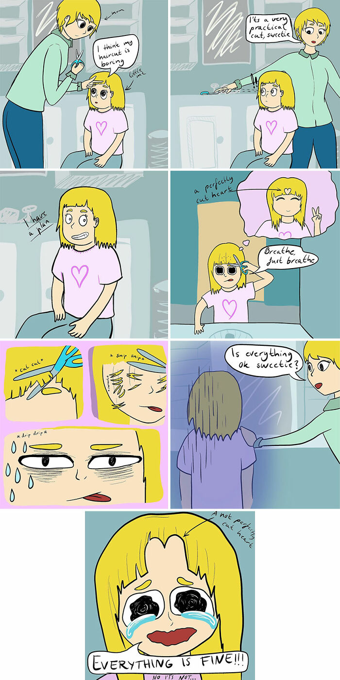 Funny and relatable comics illustrating everyday life moments about a child’s haircut experience gone wrong.