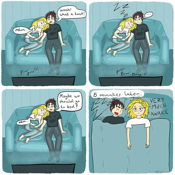 Comic illustration of a funny and relatable moment about everyday life with a couple watching TV and struggling to sleep.