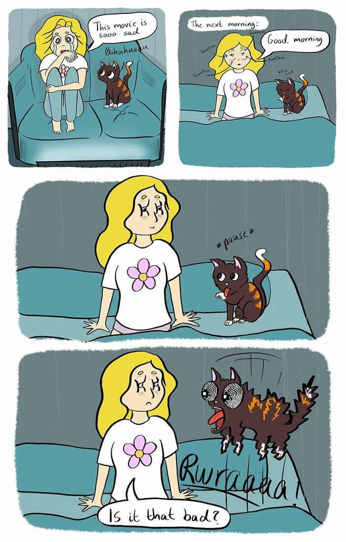 Comic strip illustrating funny and relatable everyday life moments between a girl and her expressive cat on a couch.