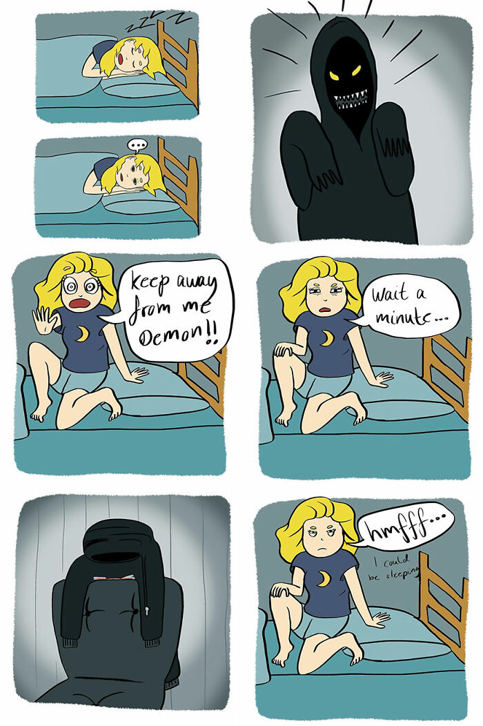 Comic illustration of relatable everyday life humor showing a woman confronting a shadowy figure before realizing it's her clothes.