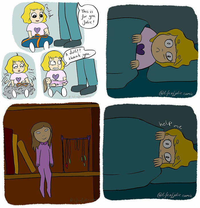 Funny and relatable comics about everyday life showing a child receiving a doll and feeling scared at night.