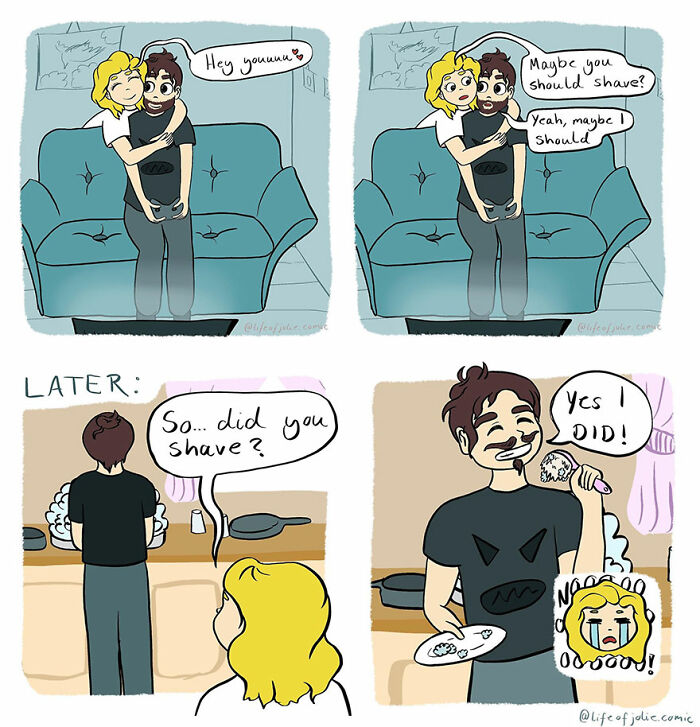 Funny and relatable comics illustrating everyday life moments with humor and charming characters in a casual home setting.