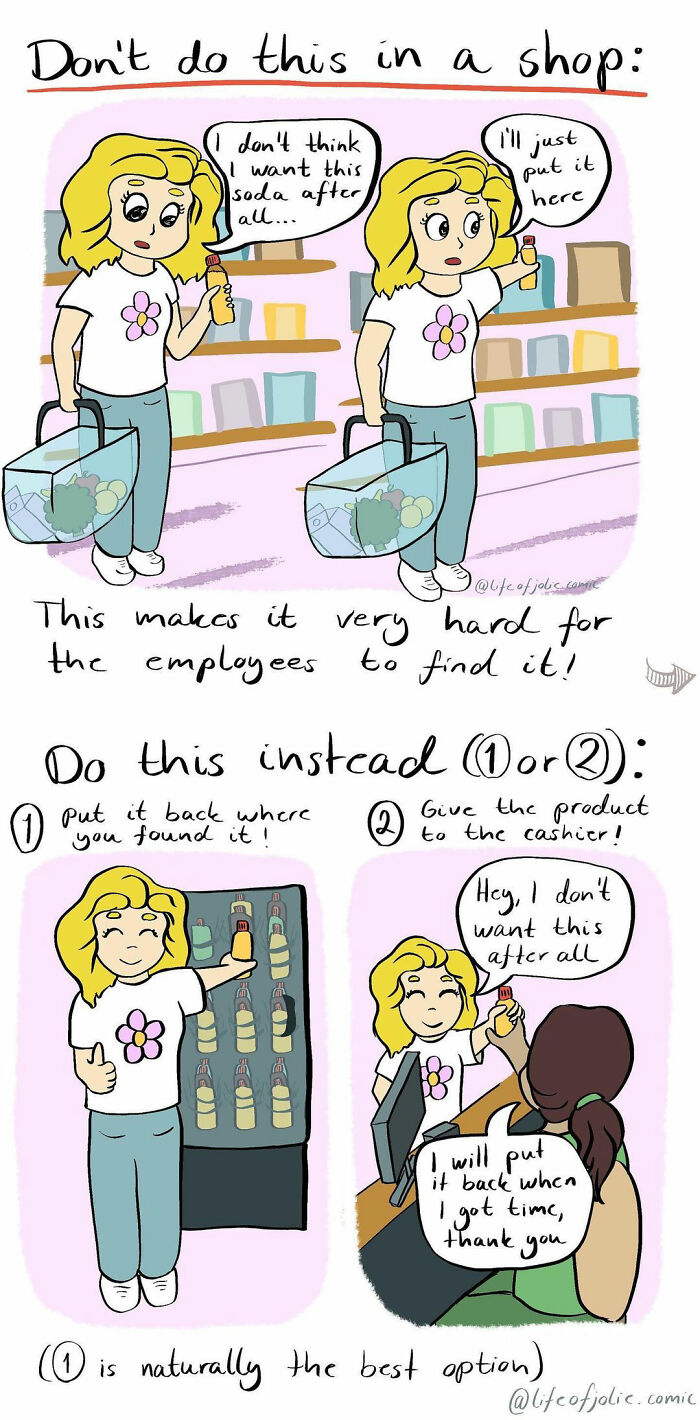Comic illustrating funny and relatable everyday life moments about proper shopping behavior and courtesy to employees.