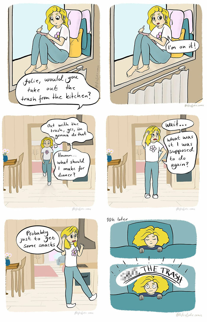 A funny and relatable comic illustrating everyday life moments of forgetfulness and procrastination.