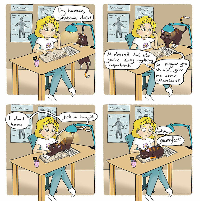 Comic illustrating a relatable everyday life moment with a girl and her cat interacting at a desk.