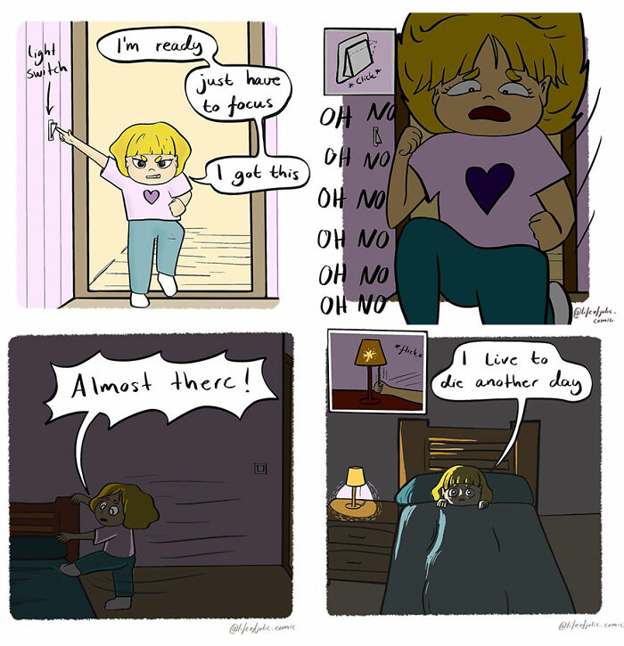 Funny and relatable comics illustrating everyday life moments, including struggles with light switches and bedtime fears.