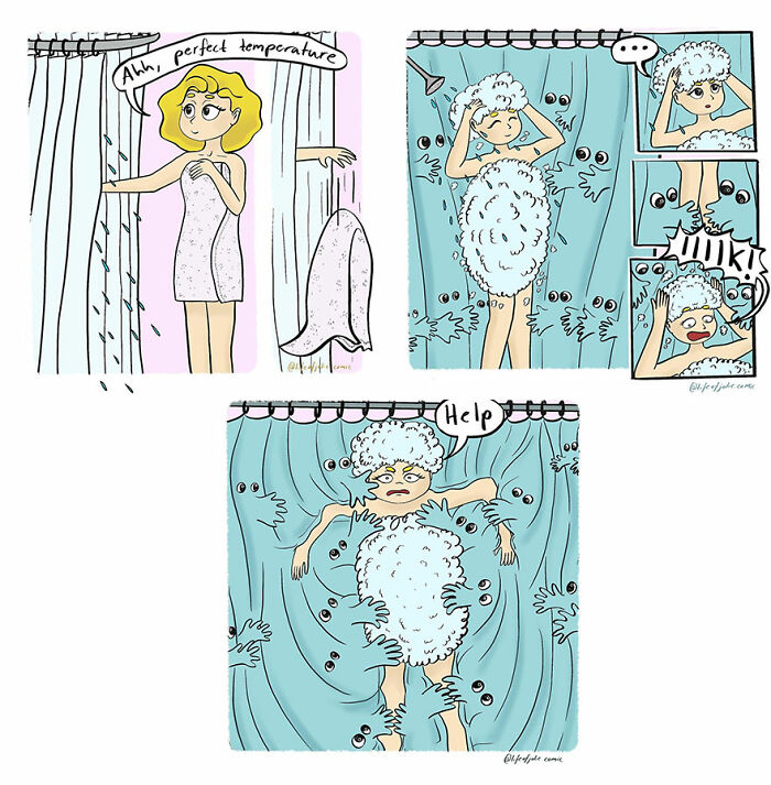 Comic panels illustrating funny and relatable everyday life moments, featuring a woman in a shower with playful soap bubbles.
