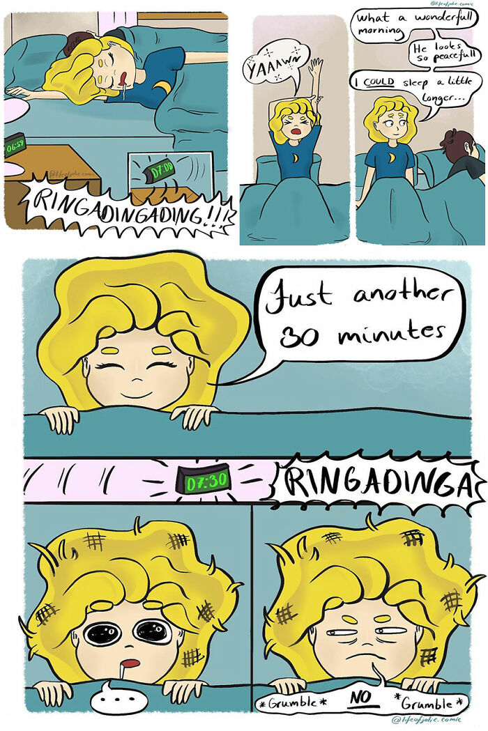 Comic illustration showing funny and relatable everyday life moments with snoozing and waking up struggles.