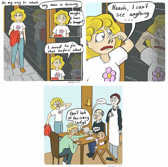 Comic panels illustrating funny and relatable everyday life moments with a character dealing with an itchy nose.