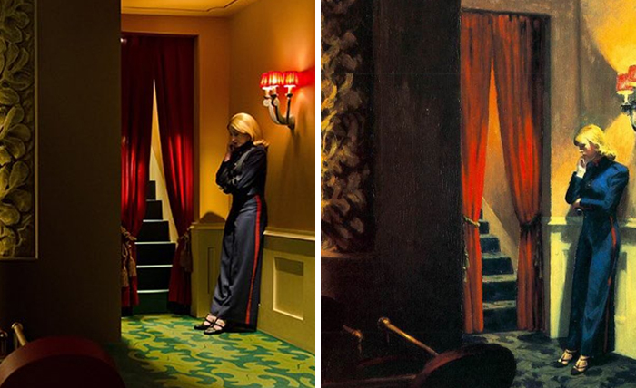 Side-by-side comparison of a woman mimicking art references in a popular movie hallway scene with red curtains and stairs.