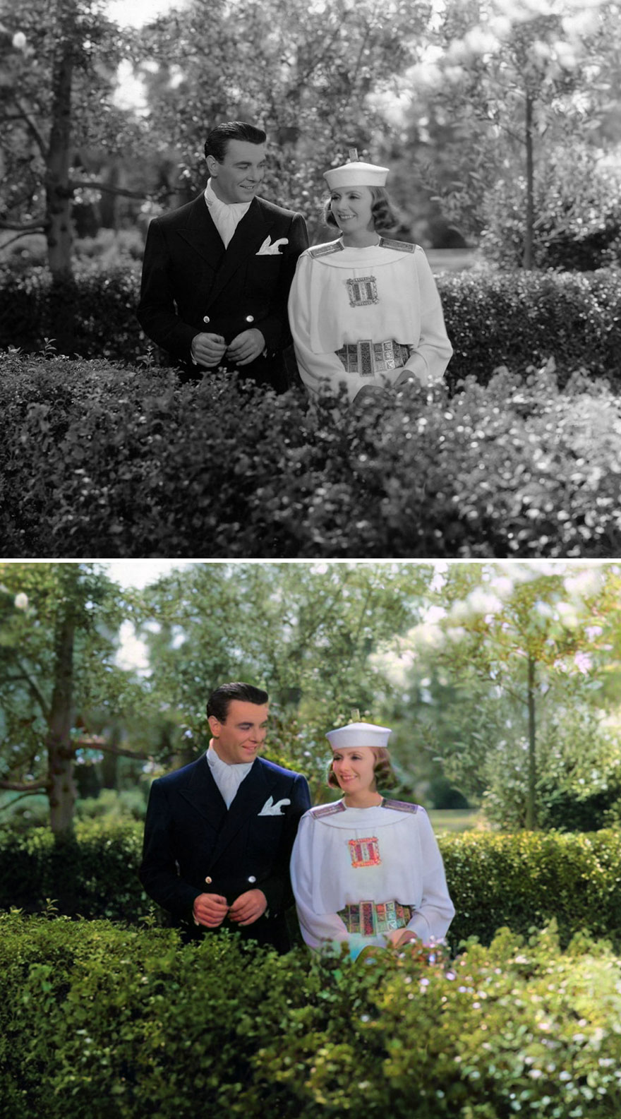 Black and colorized images of Golden Age of Hollywood celebrities standing in a garden with greenery around them.
