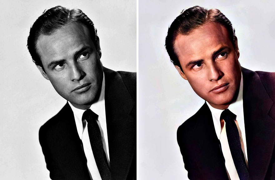 Black and white and colorized portrait of a Golden Age of Hollywood celebrity, enhanced using AI technology.