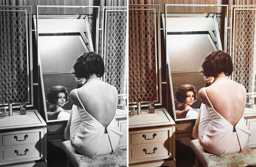 Black and colorized split image of a Hollywood Golden Age celebrity sitting at a vanity, showcasing AI colorization.