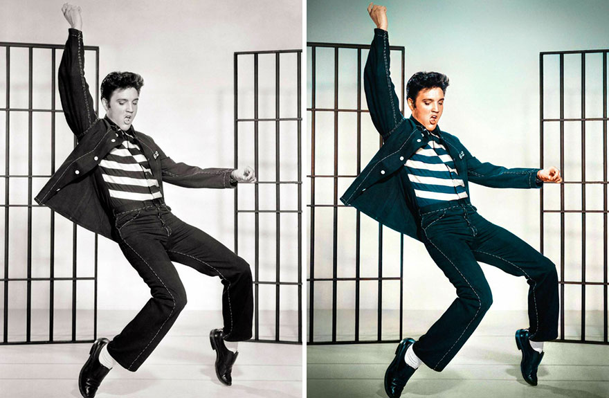 Black and white and colorized AI image of a classic Hollywood celebrity dancing in front of jail bars.