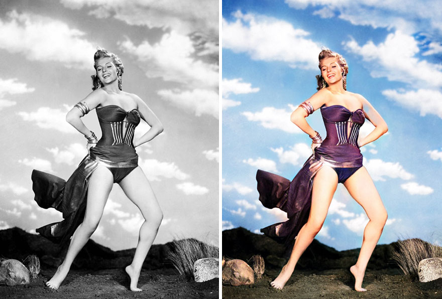 Black and white and colorized images of a golden age Hollywood celebrity in a swimsuit pose against a cloudy sky.