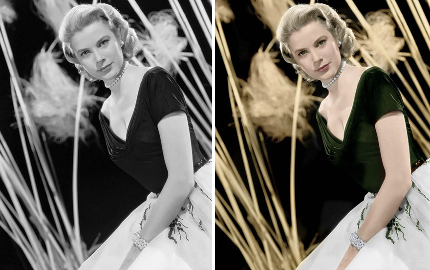 A side-by-side image showing a black and white and AI colorized portrait of a classic Hollywood celebrity.