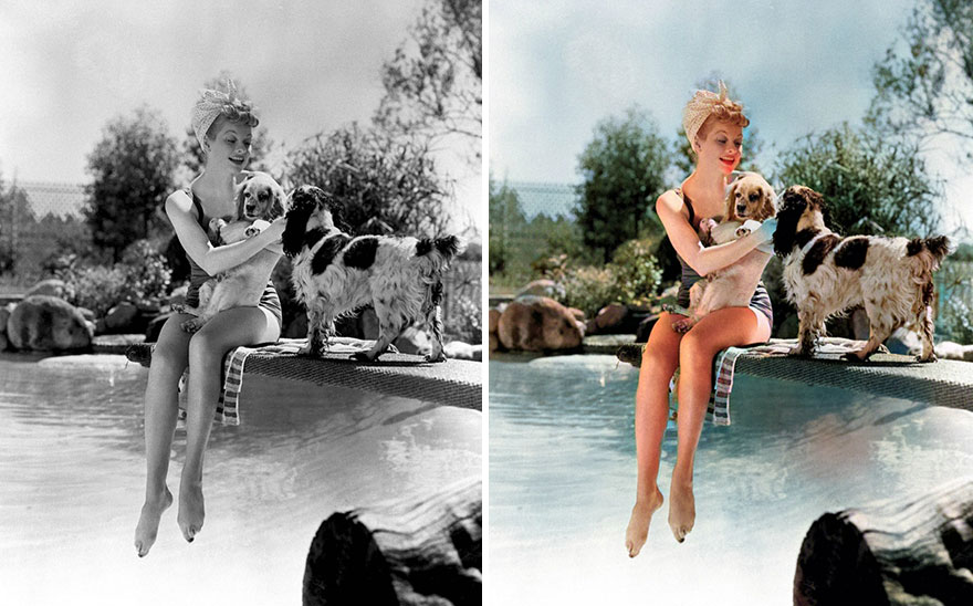 Side-by-side black and color images of a Golden Age of Hollywood celebrity sitting by pool with two dogs, colorized using AI.