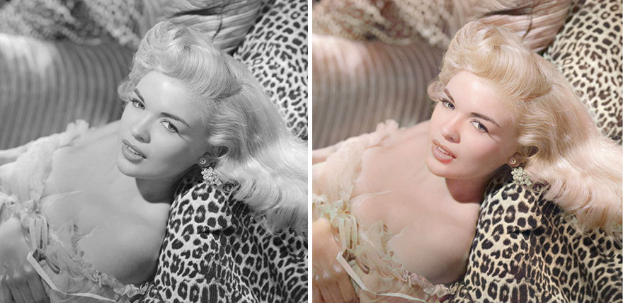 Black and colorized side-by-side portrait of a Golden Age of Hollywood celebrity lying on a leopard print pillow using AI.