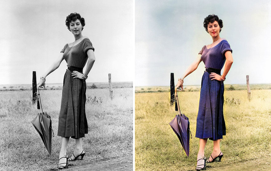 Black and white and colorized side-by-side photo of a golden age Hollywood celebrity holding an umbrella outdoors