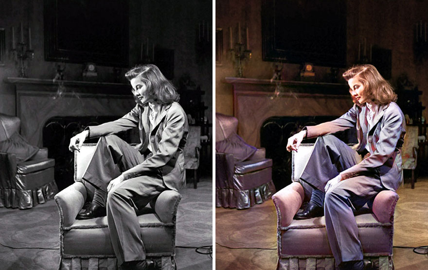 Black and colorized side-by-side images of a Golden Age of Hollywood celebrity sitting in an armchair using AI colorization.
