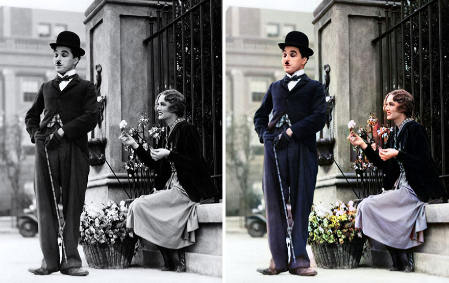 Black and white versus colorized photo of two Hollywood golden age celebrities standing and sitting near flowers using AI colorization.