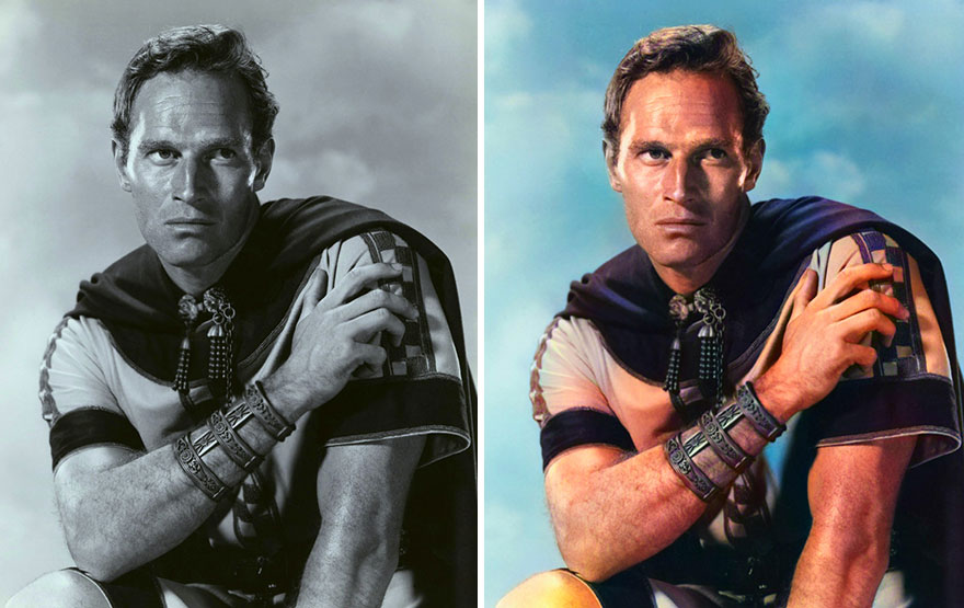 Black and white and colorized portrait of a Golden Age Hollywood celebrity, enhanced using AI colorization technology.