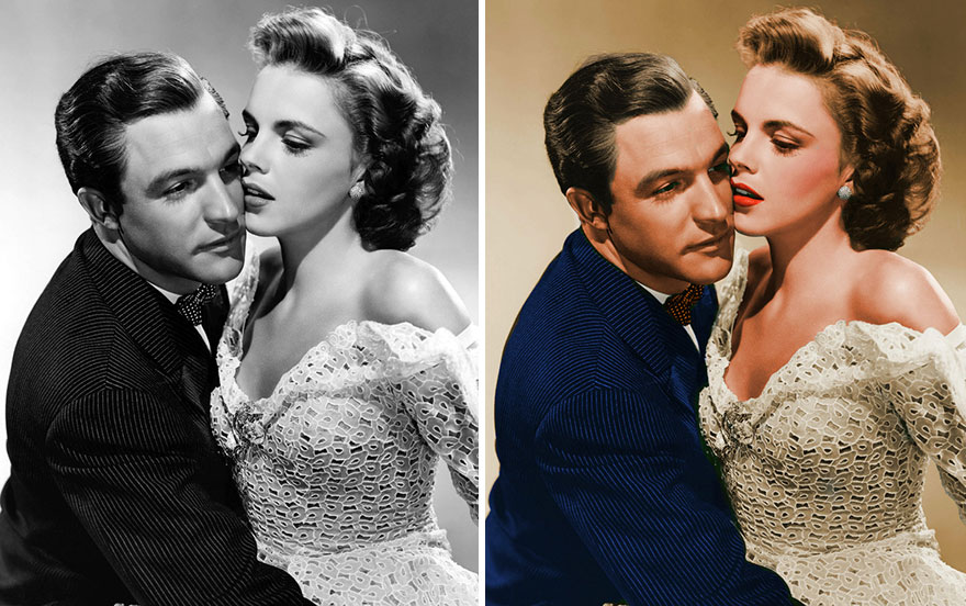 Black and white vs colorized photo of Golden Age of Hollywood celebrities embracing, showing AI colorization transformation.