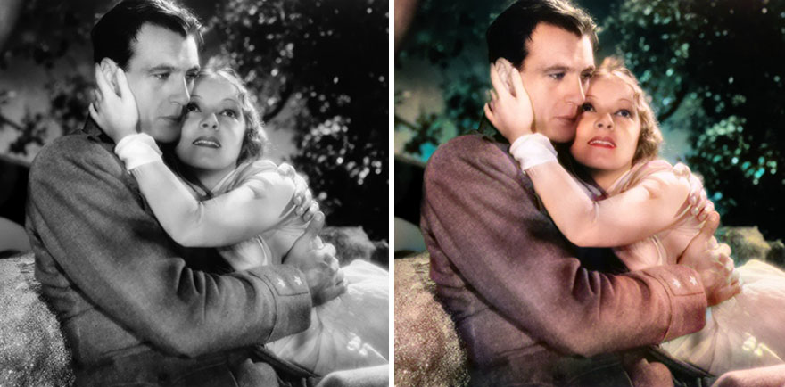 Black and white and colorized image of Hollywood Golden Age celebrities embracing, showcasing AI colorization in seconds.