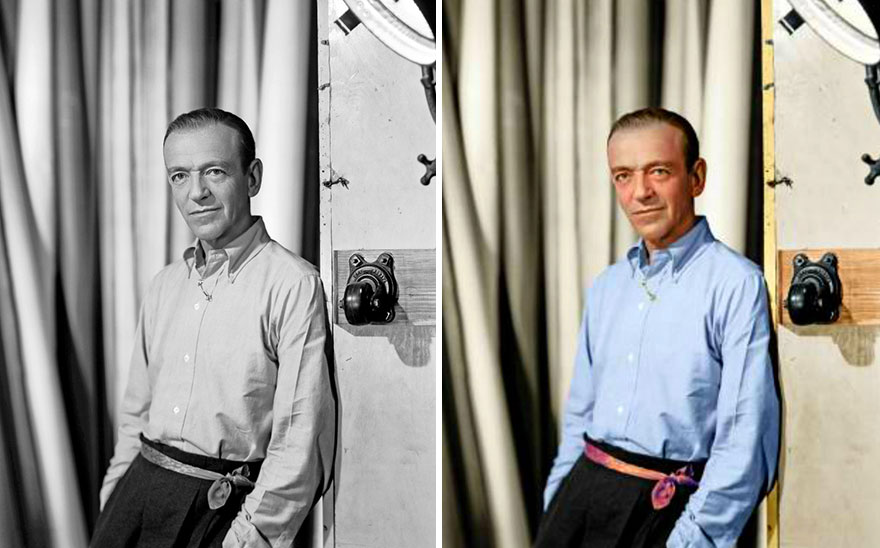 Black and white and colorized images of a Golden Age of Hollywood celebrity using AI colorization technology.