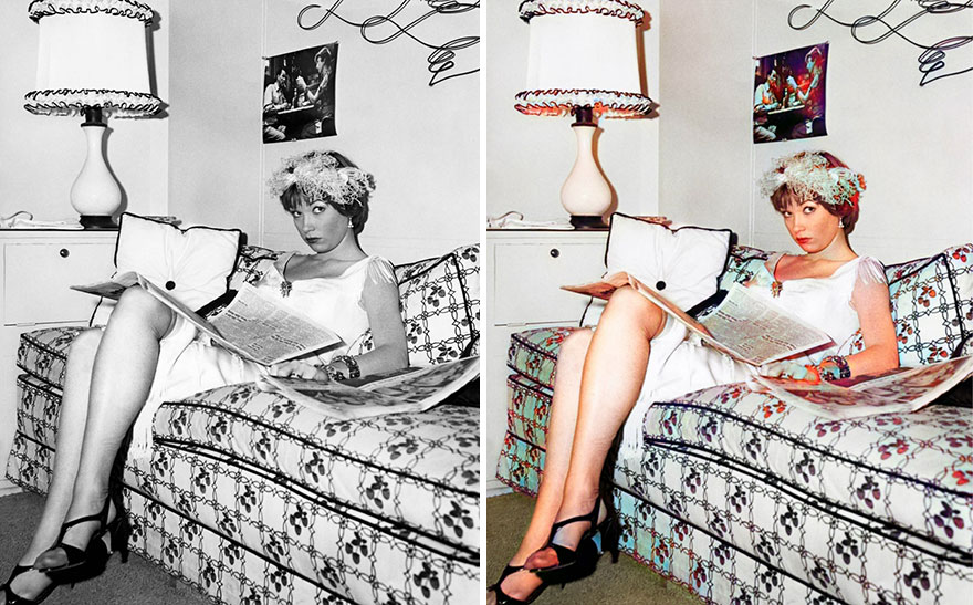 Black and white and colorized side-by-side image of a Golden Age of Hollywood celebrity sitting on a patterned sofa reading a magazine.