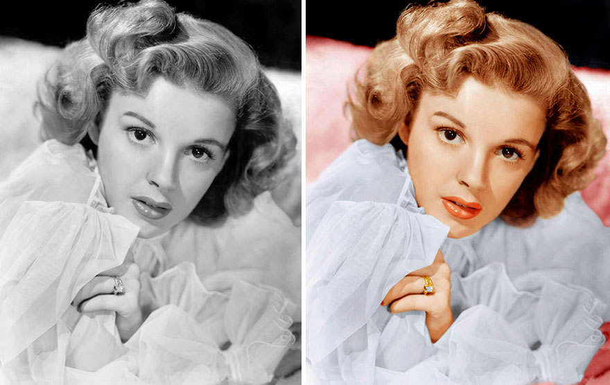 Black and colorized side-by-side portrait of a golden age Hollywood celebrity, showcasing AI colorization.