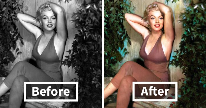 Black and white and colorized side-by-side images of a celebrity from the Golden Age of Hollywood using AI.