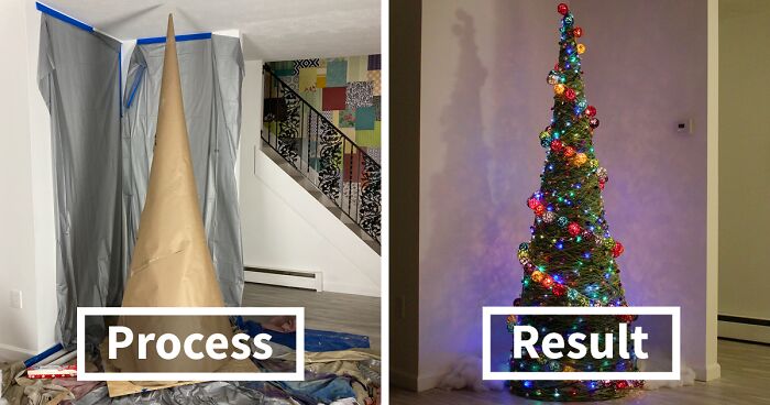 Here Are 19 Pics Of Our Unconventional-Looking Christmas Tree Made From 2 Gallons Of Glue, 15 Pounds Of Corn Starch, And Yarn