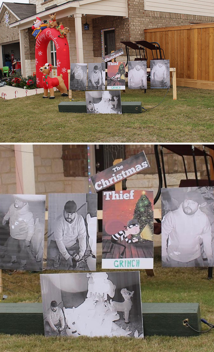 My Neighbor Got His Reindeer Decorations Stolen So They Put Out Grinch Ones Instead